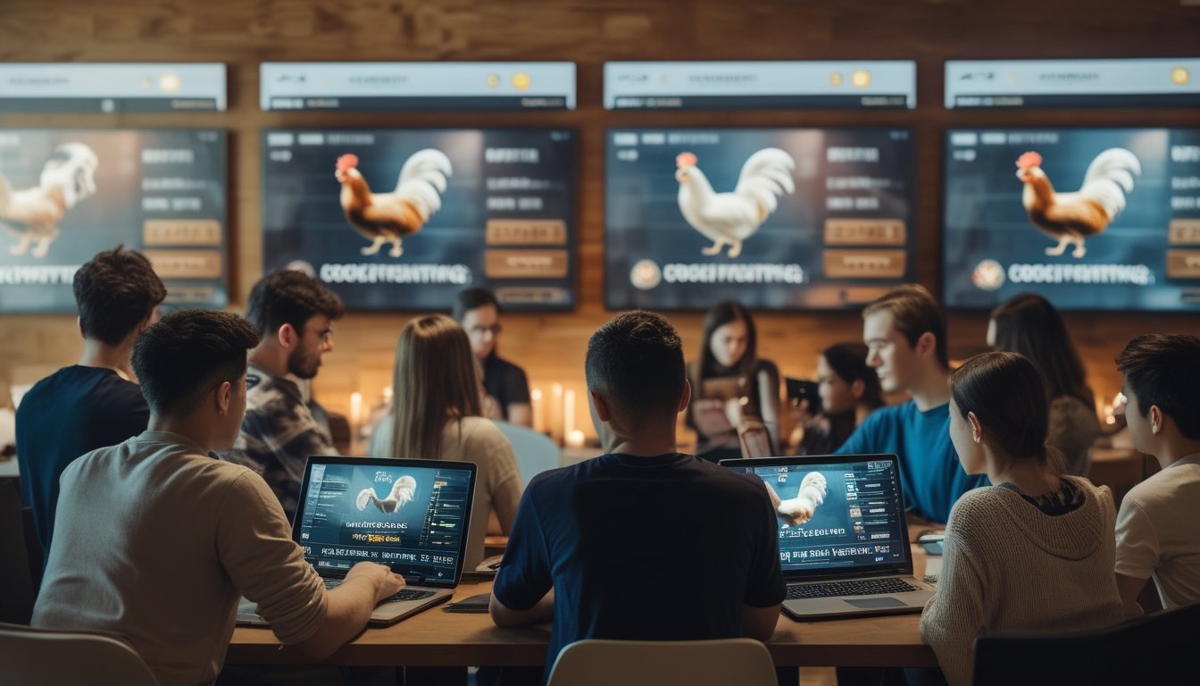Sekelompok orang muda menggunakan perangkat digital untuk taruhan sabung ayam online dalam ruangan yang nyaman.