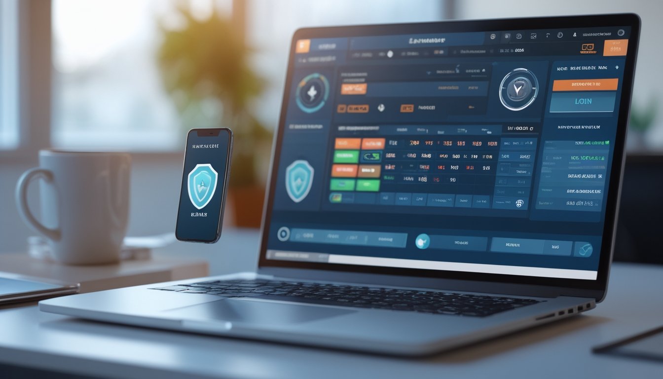 Seorang profesional bekerja dengan laptop dan ponsel yang menampilkan platform taruhan online resmi dan aman di ruang kantor yang terang.