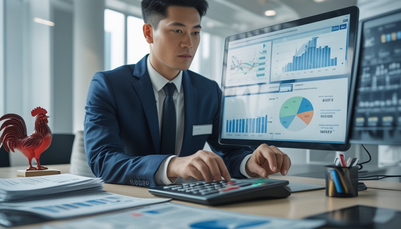 Seorang pria fokus bekerja di kantor modern dengan laptop dan dokumen, mengelola strategi dan keuangan.