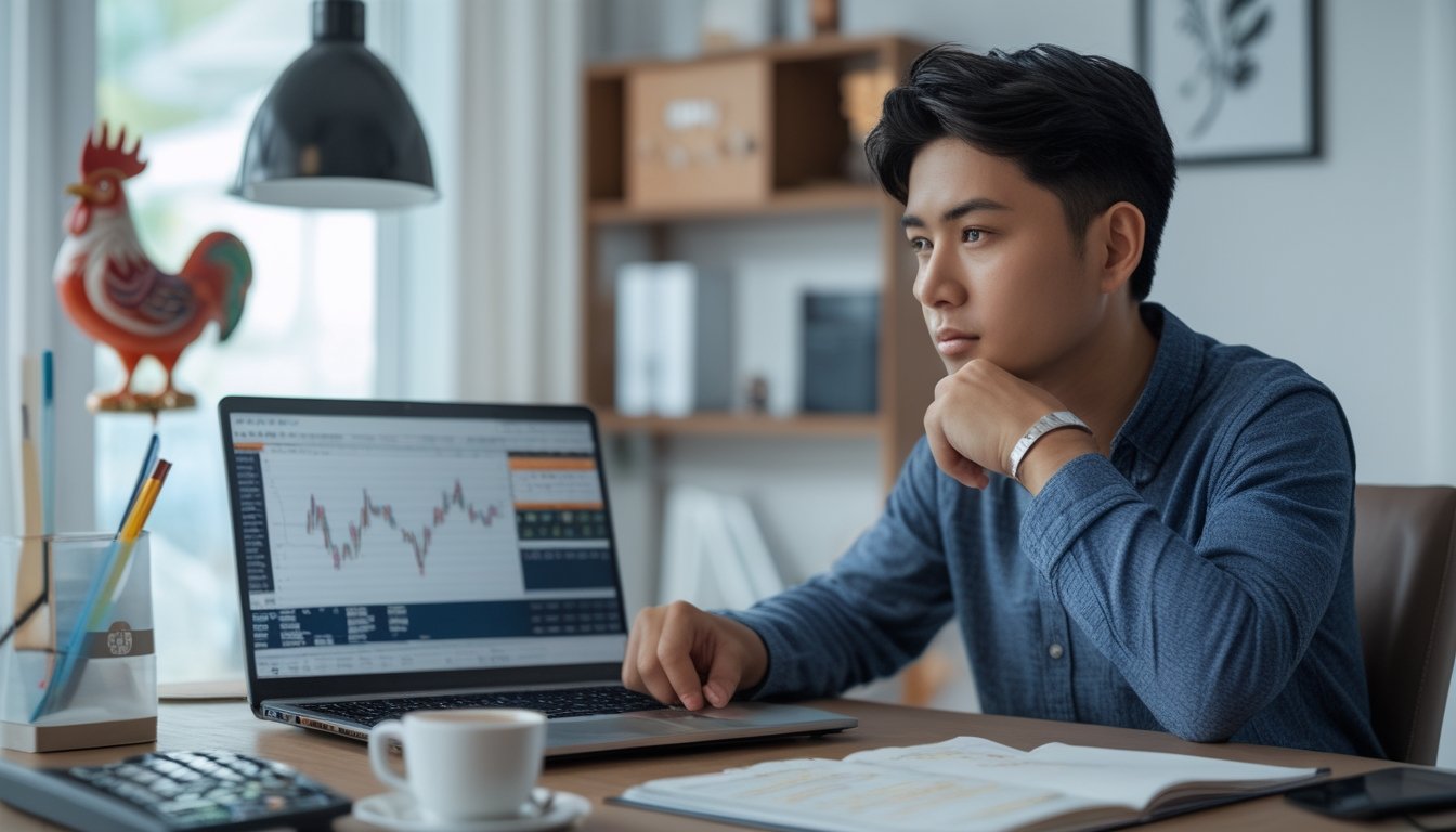 Seorang pria muda sedang duduk di meja kerja dengan laptop dan alat tulis, fokus menganalisis data di ruangan yang rapi dan terang.
