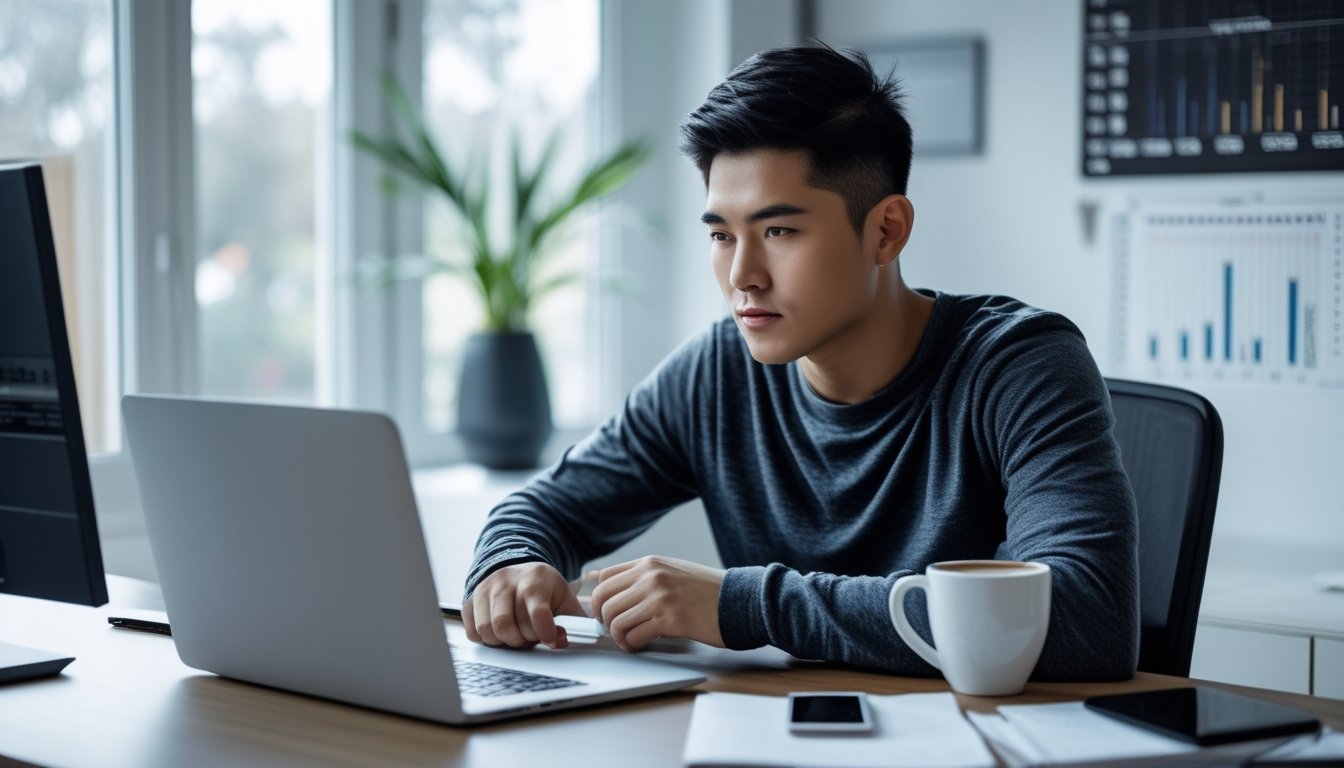 Seorang pria muda sedang duduk di meja dengan laptop terbuka, tampak fokus mempertimbangkan sesuatu di ruang kerja rumah yang terang.