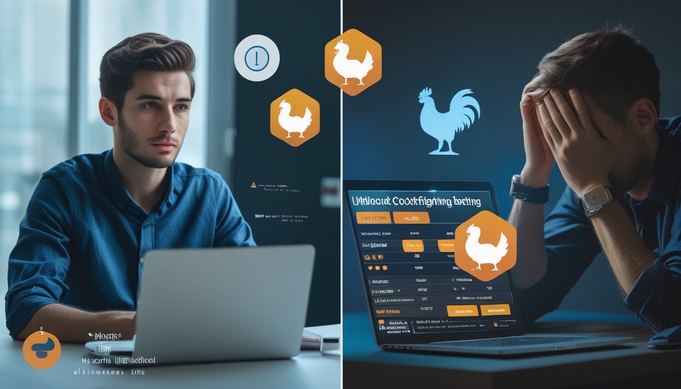 Seorang pria menggunakan laptop dengan ekspresi fokus di satu sisi dan seseorang terlihat cemas memegang ponsel di sisi lain, menggambarkan keuntungan dan risiko layanan taruhan sabung ayam tanpa blokir.