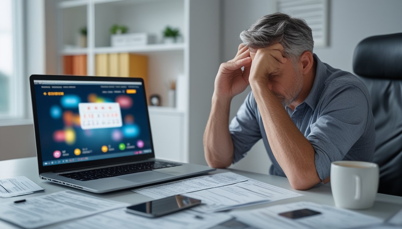 Seorang pria duduk di meja dengan ekspresi cemas sambil melihat dokumen keuangan dan laptop yang menampilkan situs perjudian online.