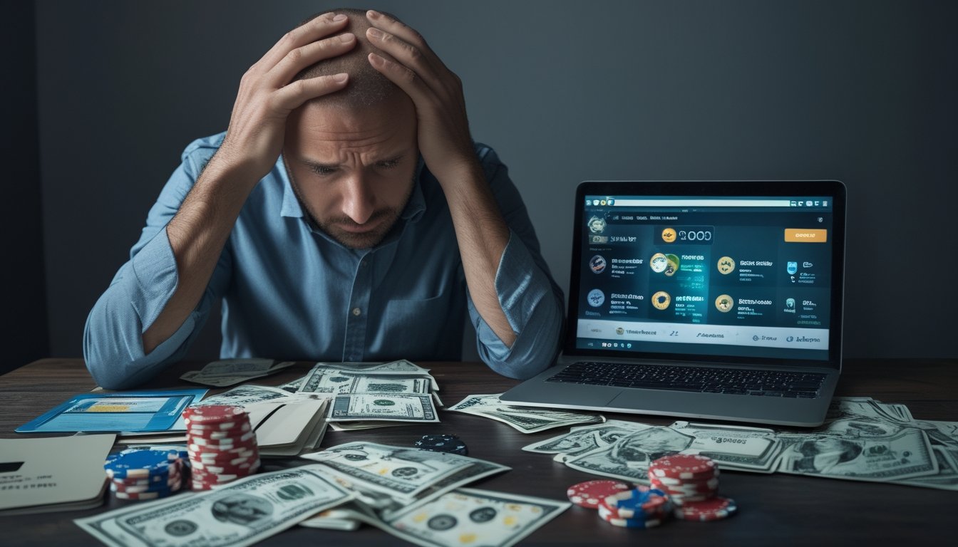 Seorang pria dewasa terlihat stres duduk di meja dengan tagihan, kartu kredit, dan laptop yang menampilkan situs perjudian, menggambarkan dampak negatif perjudian online terhadap keuangan pribadi.