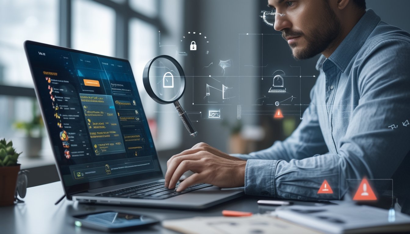 Seseorang duduk di depan laptop yang menampilkan situs perjudian online mencurigakan dengan simbol peringatan, di meja terdapat ponsel dan catatan yang menunjukkan investigasi terhadap penipuan online.