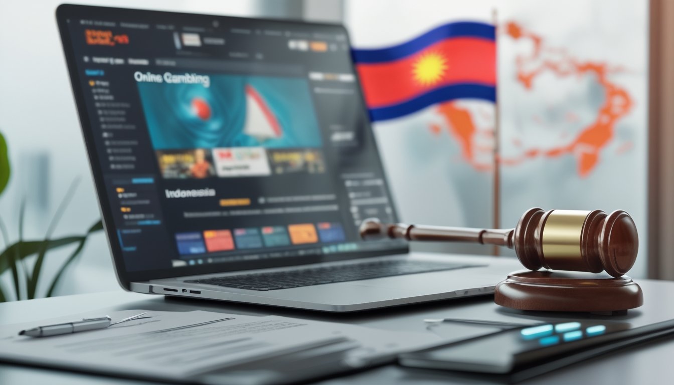Meja kerja modern dengan laptop, dokumen hukum, palu hakim, dan bendera kecil Indonesia yang menggambarkan regulasi perjudian online di Indonesia.