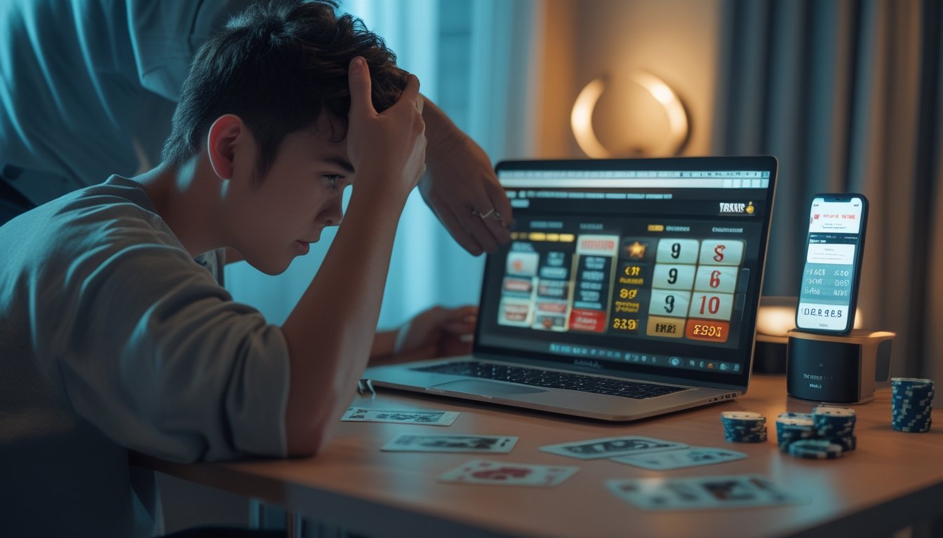 Seorang dewasa muda duduk di meja dengan ekspresi cemas melihat layar laptop yang menampilkan permainan judi online, sementara seseorang di belakangnya memberikan dukungan dengan meletakkan tangan di bahunya.