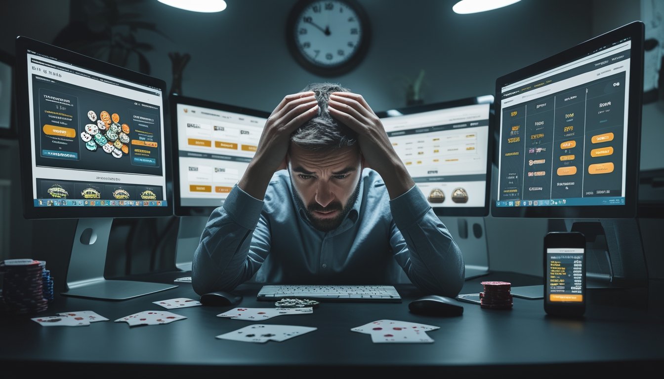 Seorang pria dewasa duduk di depan komputer dengan ekspresi stres dan cemas, dikelilingi oleh kartu remi dan chip poker, menunjukkan tanda-tanda kecanduan judi online.