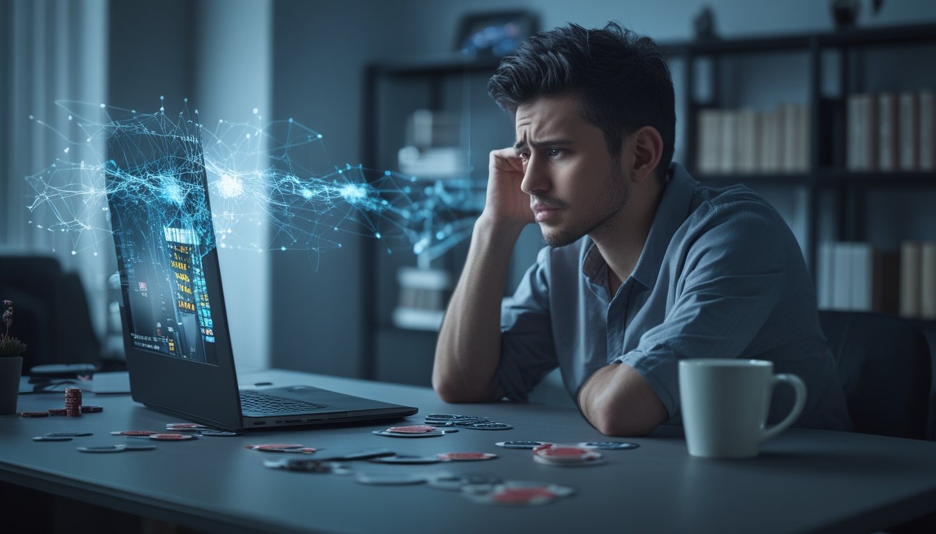 Seorang pria muda duduk di meja dengan ekspresi cemas, menatap layar laptop yang menampilkan situs perjudian online di ruangan yang remang-remang.