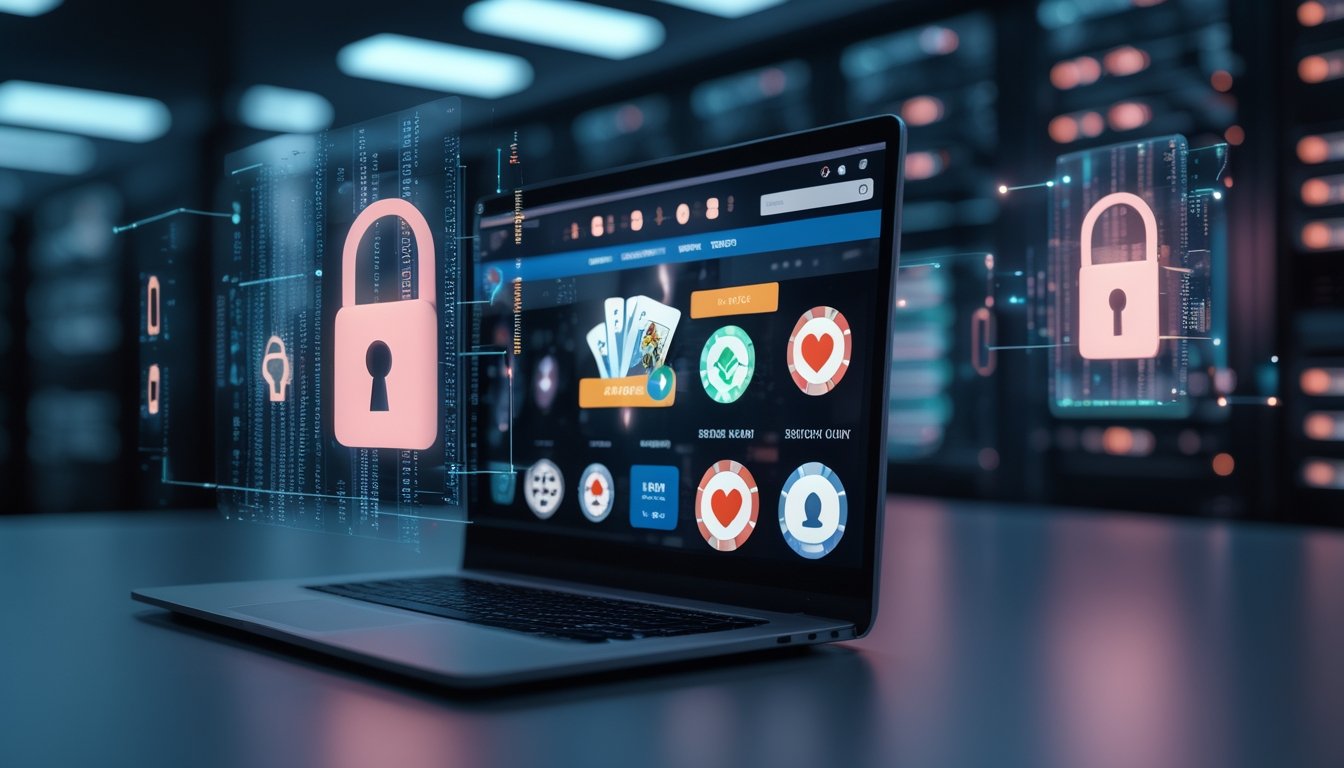 Seorang laptop menampilkan situs judi online dengan ikon kartu dan chip, dikelilingi simbol keamanan data seperti gembok dan peringatan, dengan latar belakang ruang server gelap.
