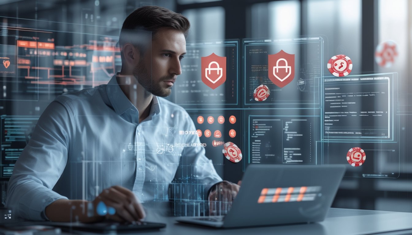 Seorang ahli keamanan data sedang bekerja dengan layar komputer yang menampilkan ikon keamanan dan elemen judi online seperti kartu dan chip dalam latar belakang.