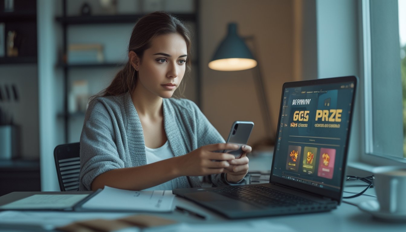 Seorang wanita muda duduk di meja dengan laptop dan ponsel, terlihat fokus dan waspada saat menggunakan permainan online berhadiah di ruang kerja rumah.