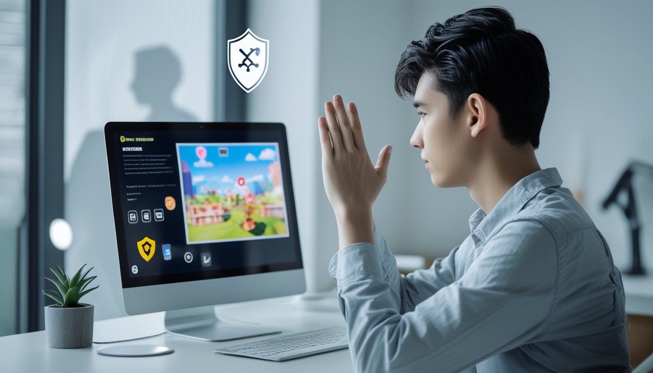 Seorang dewasa muda duduk di meja dengan laptop yang menampilkan permainan online, tampak waspada dan berhati-hati terhadap potensi penipuan di layar.