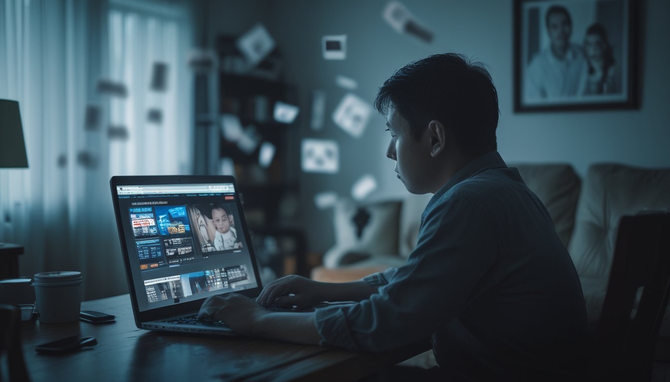 Seorang dewasa terlihat cemas duduk sendirian di ruangan dengan laptop, di latar belakang terdapat suasana ruang keluarga yang tampak sepi dan terabaikan.