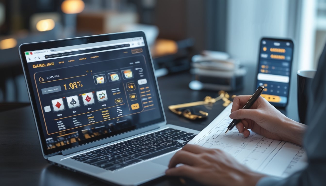 Seorang pria duduk di meja kerja dengan laptop yang menampilkan situs perjudian online, sambil menganalisis grafik dan data di kertas.