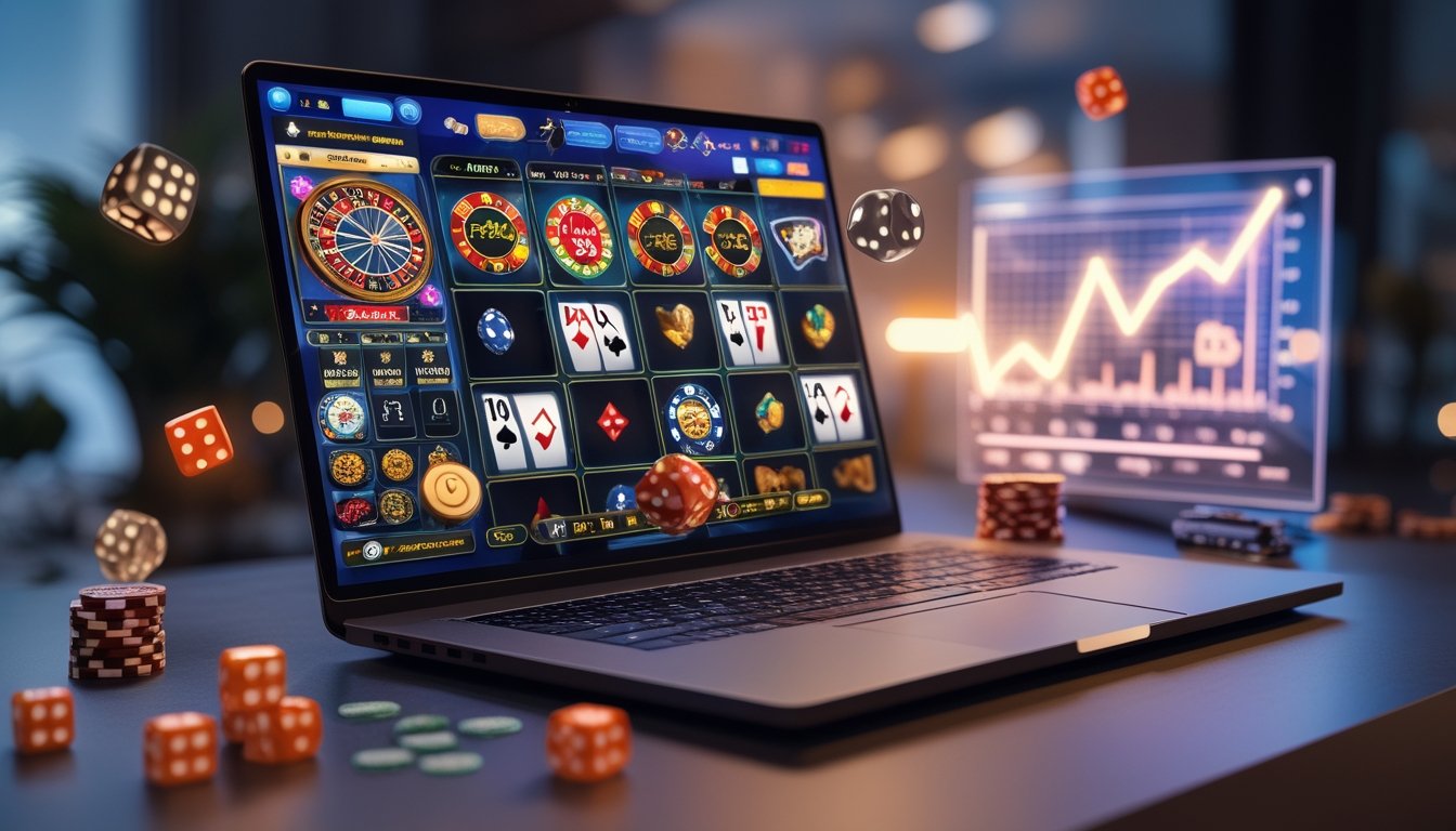 Seorang pengguna duduk di depan laptop yang menampilkan permainan judi online dengan dadu, chip poker, dan grafik peluang di sekitarnya.