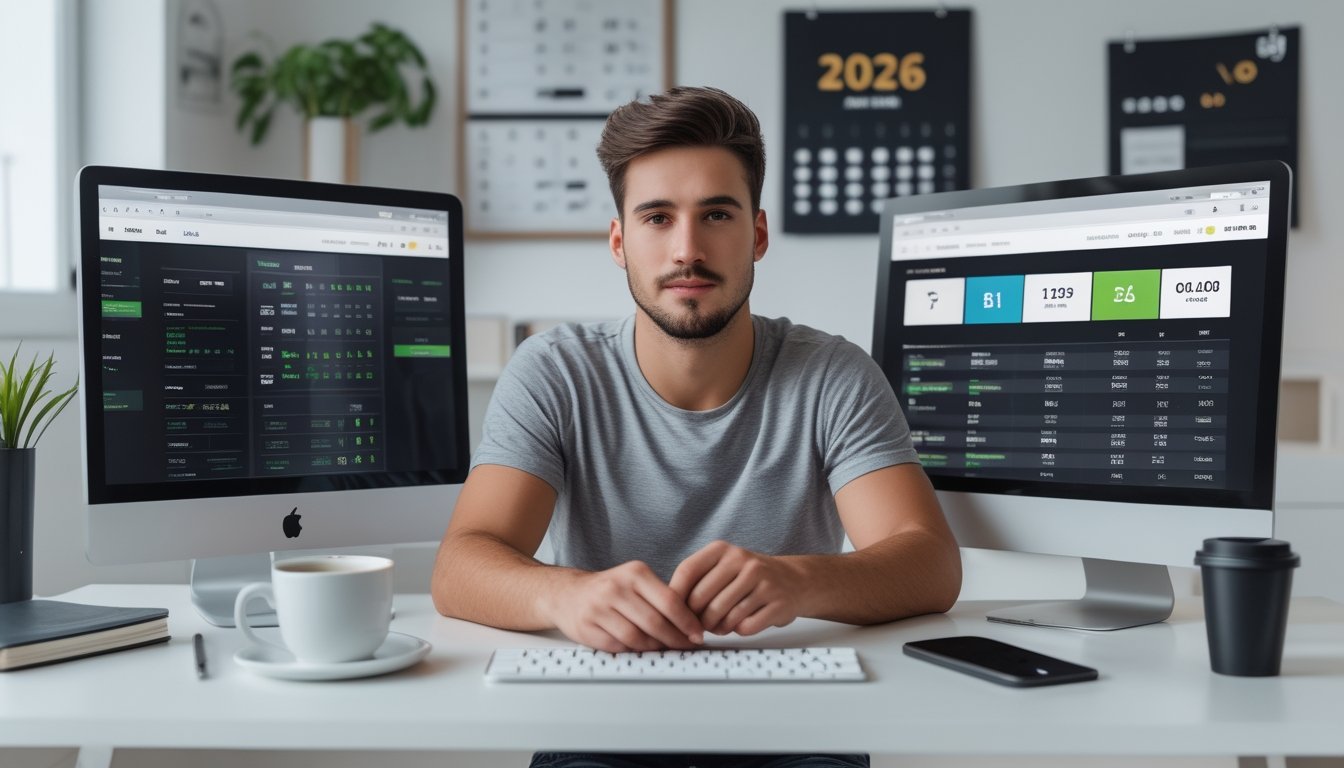 Seorang pria muda duduk di meja dengan beberapa layar komputer menampilkan data taruhan bola online, tampak fokus menganalisis informasi di ruang kerja modern.