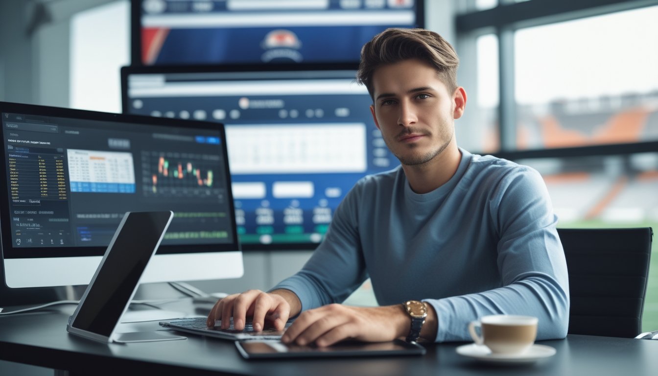 Seorang pria muda duduk di meja kerja dengan laptop dan tablet yang menampilkan statistik sepak bola, di latar belakang terlihat stadion sepak bola yang samar.