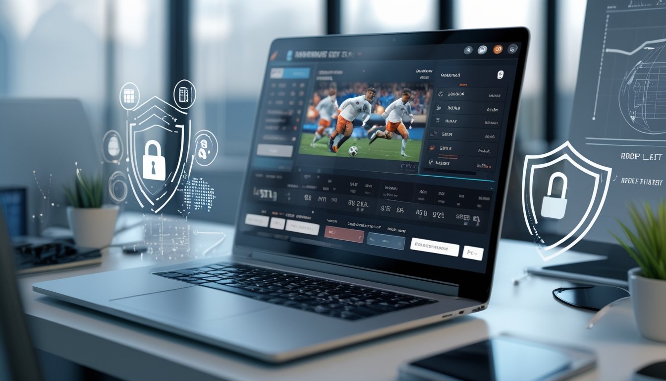 Seorang profesional menggunakan komputer dengan tampilan antarmuka taruhan bola yang aman dan terpercaya di kantor modern.