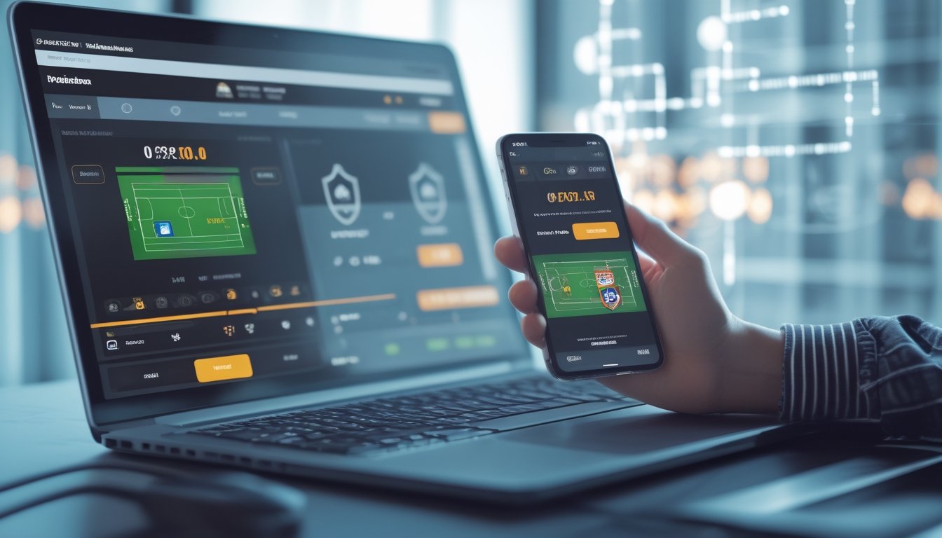 Seorang profesional menggunakan laptop dan smartphone dengan tampilan aplikasi taruhan olahraga dan simbol keamanan di meja kerja modern.