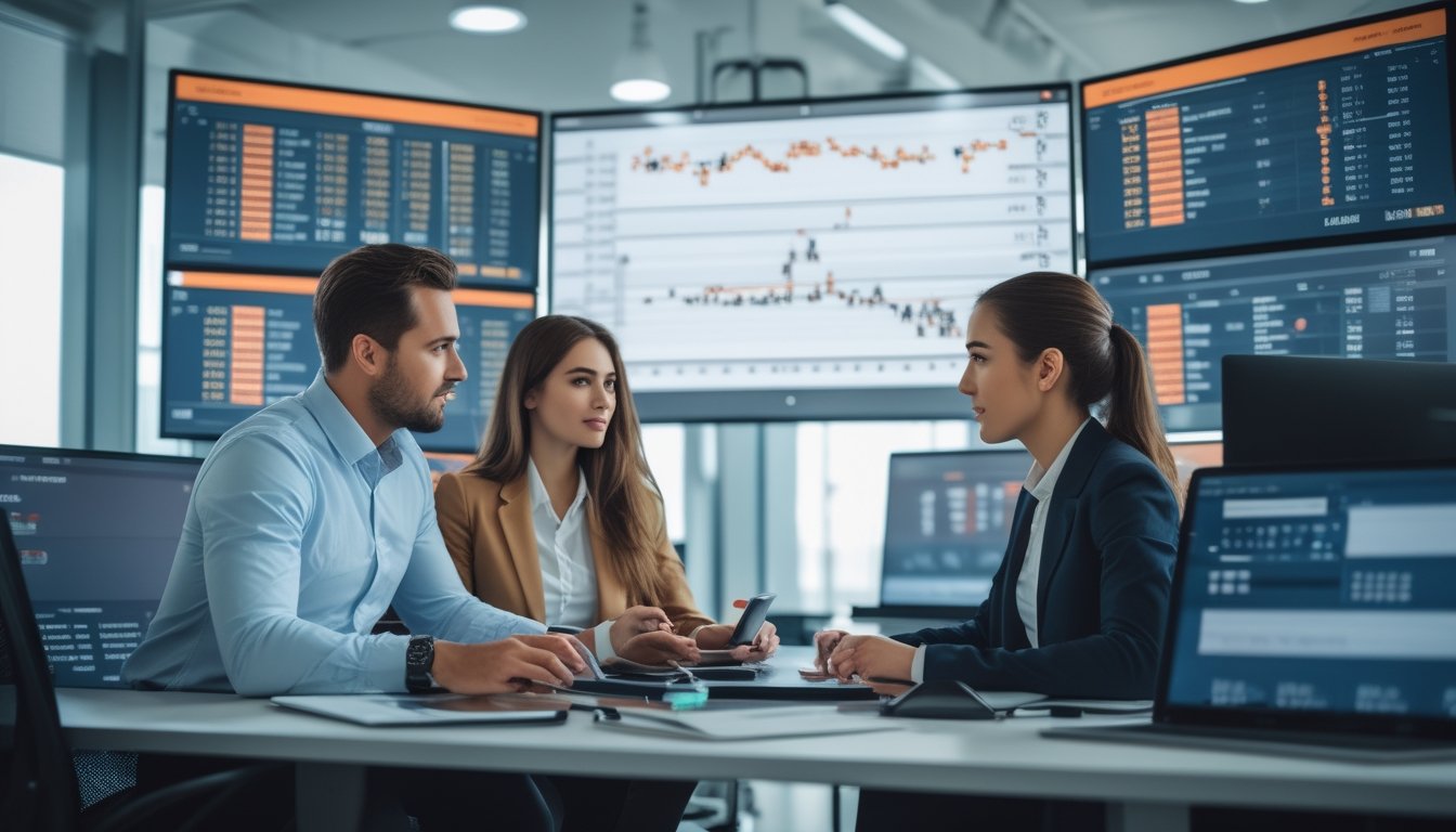 Dua orang sedang menganalisis data pertandingan sepak bola di layar digital dalam ruangan kantor modern.