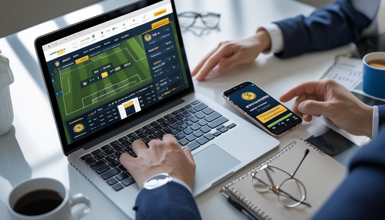 Seseorang menggunakan laptop dan perangkat mobile untuk memilih platform taruhan bola online di meja kerja.