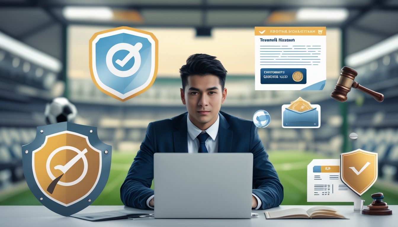 Seseorang duduk di meja dengan laptop yang menampilkan situs aman, dikelilingi simbol kepercayaan dan legalitas, dengan latar belakang elemen sepak bola.