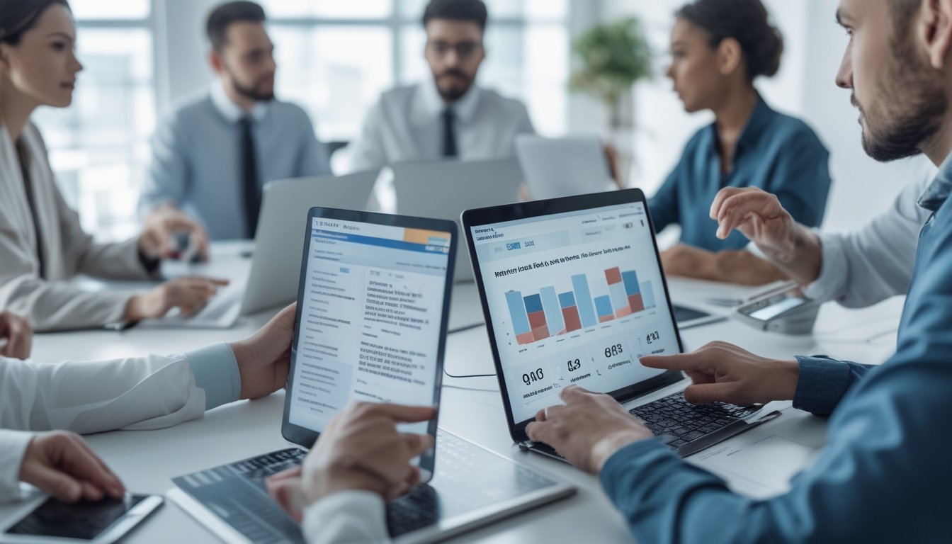 Sekelompok orang sedang menganalisis ulasan dan pengalaman pengguna di perangkat digital dalam suasana kantor yang terang dan rapi.