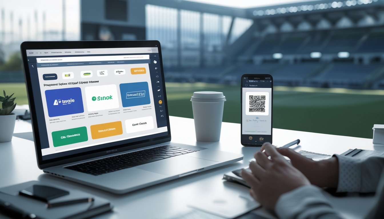 Meja kerja dengan laptop dan ponsel yang menampilkan metode pembayaran digital untuk taruhan olahraga, dengan latar belakang bola sepak dan lampu stadion.