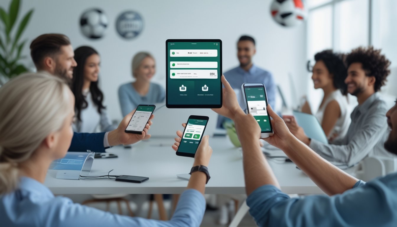 Beberapa orang menggunakan perangkat digital untuk melakukan pembayaran online terkait taruhan olahraga di ruangan yang terang dan modern.