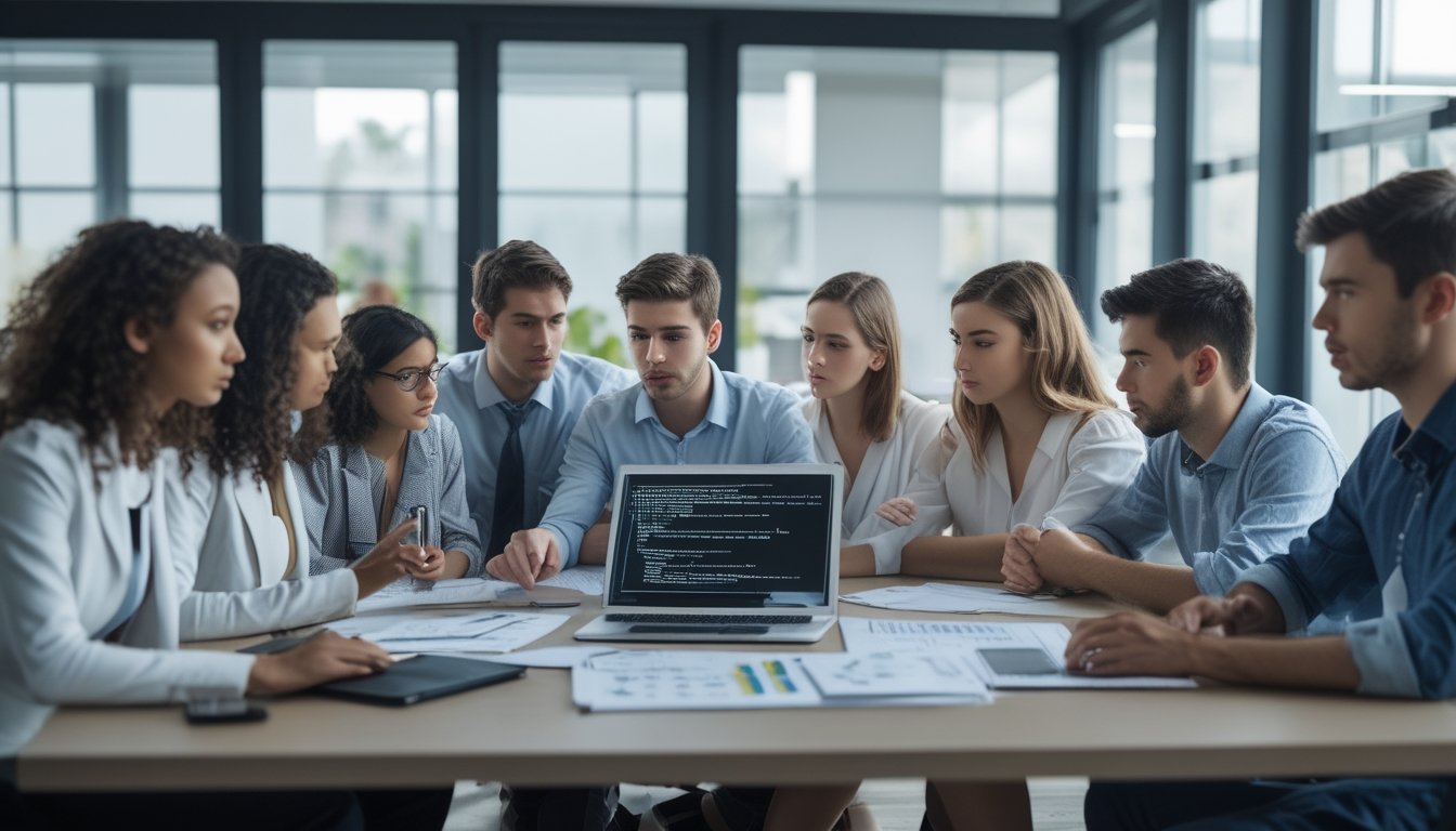 Sekelompok orang muda sedang berdiskusi serius di ruang kantor dengan dokumen dan laptop di atas meja.