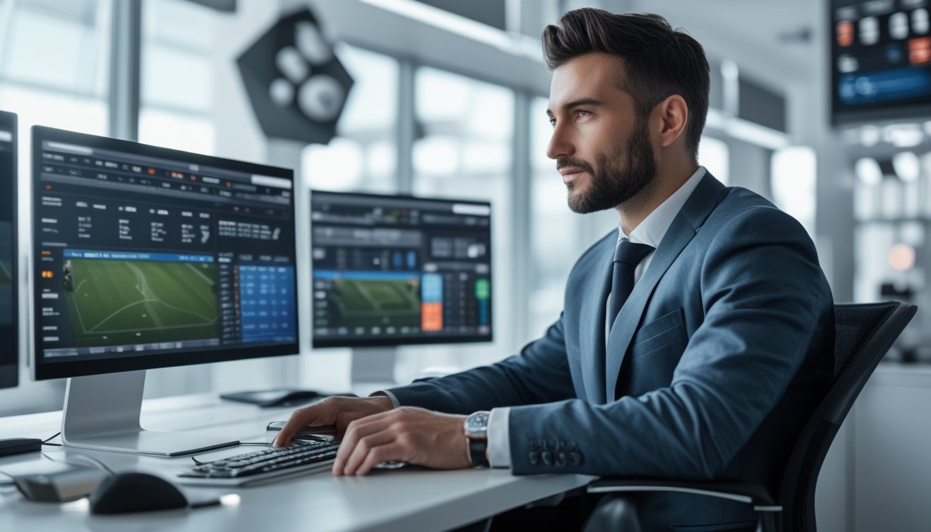 Seorang pria profesional duduk di depan beberapa layar komputer yang menampilkan data taruhan olahraga di sebuah kantor modern.