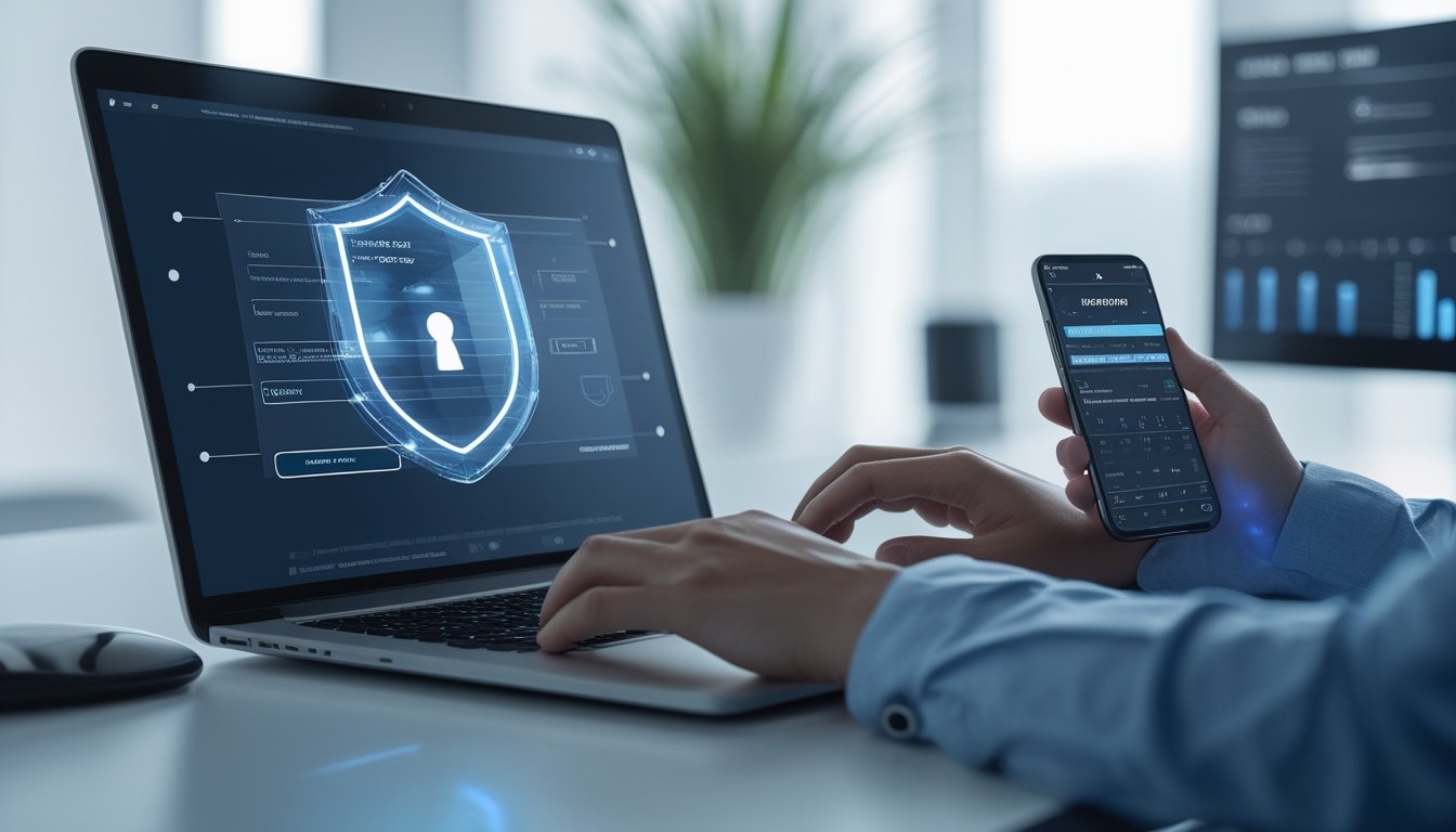 Seorang pengguna bekerja dengan laptop dan ponsel yang menampilkan aplikasi taruhan olahraga, dengan ikon perisai digital dan gembok yang melambangkan keamanan data dan transaksi.