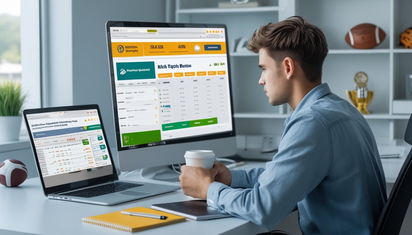 Seseorang duduk di meja dengan laptop dan bahan taruhan olahraga, tampak fokus dan tenang mempersiapkan taruhan olahraga online.
