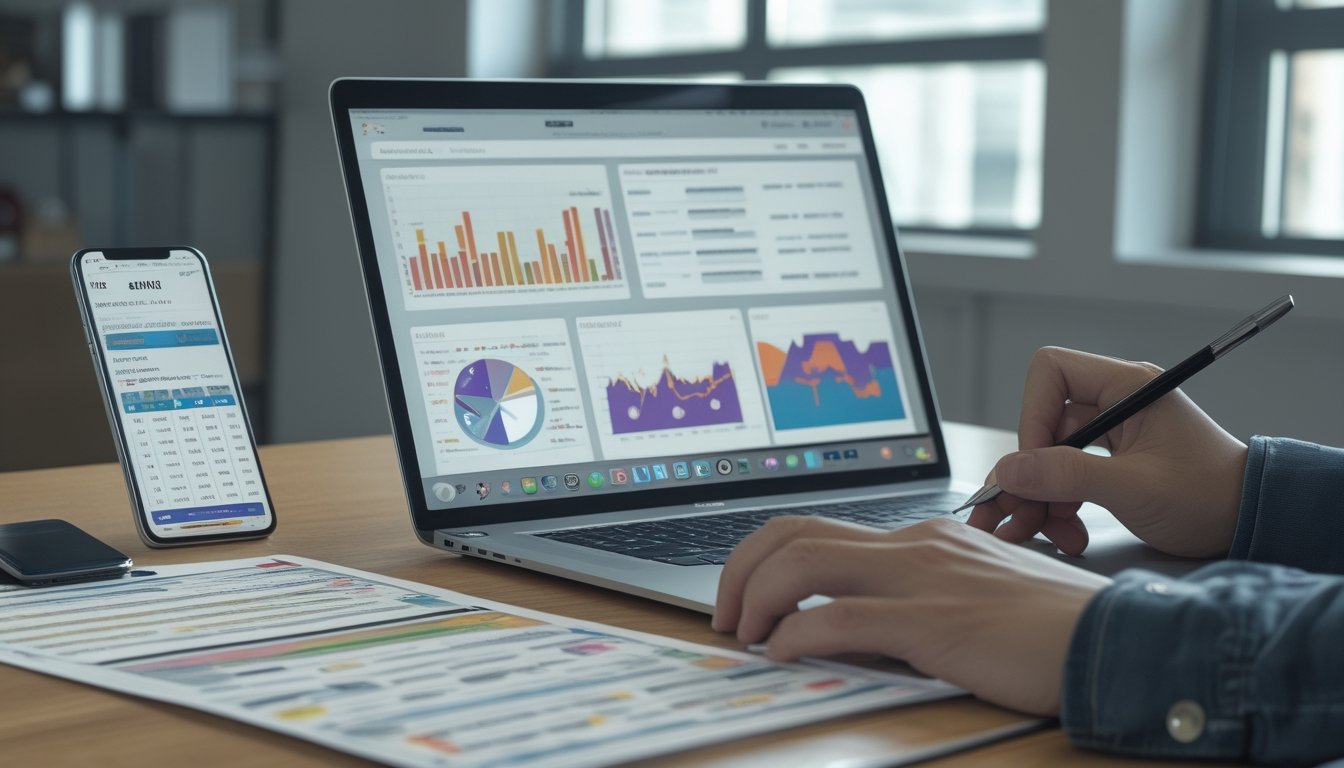 Meja kerja dengan laptop menampilkan grafik statistik olahraga, ponsel dengan skor pertandingan, dan tangan seseorang yang sedang mencatat data.