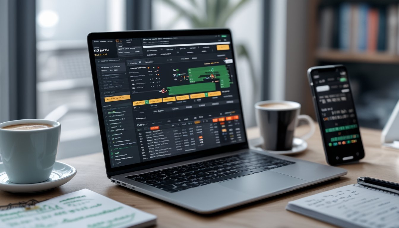 Sebuah meja kerja modern dengan laptop yang menampilkan antarmuka taruhan olahraga online, notepad dengan catatan, ponsel dengan skor pertandingan, dan secangkir kopi di dekat jendela besar.
