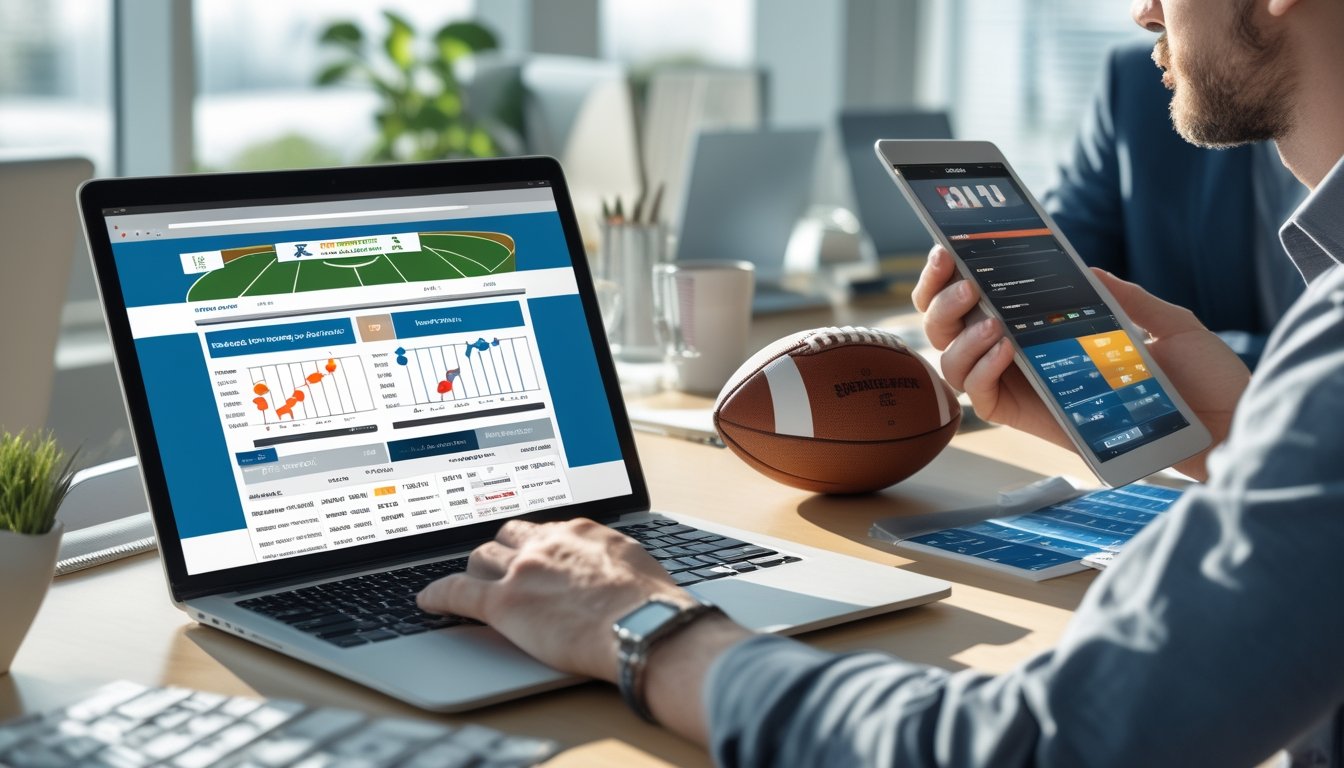 Seseorang sedang menganalisis data taruhan olahraga menggunakan laptop dan tablet di meja kerja dengan bola olahraga di sekitarnya.