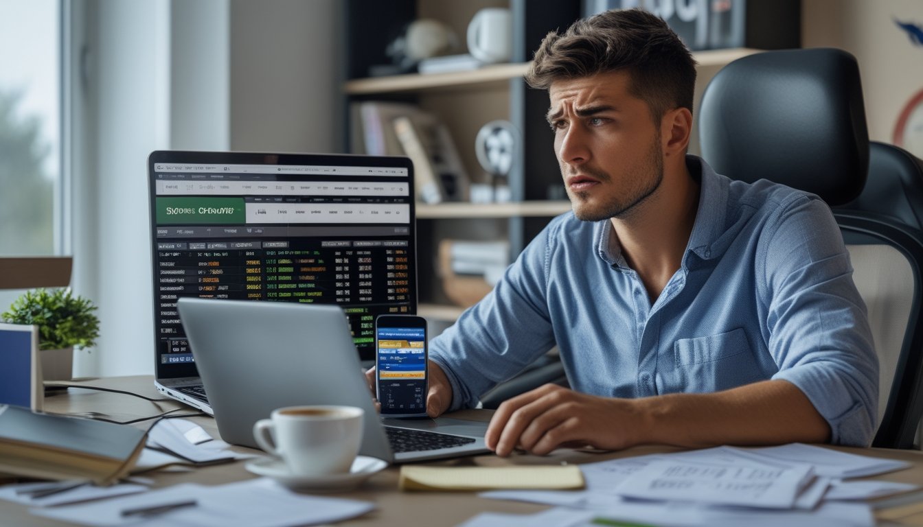 Seorang pria muda duduk di meja dengan laptop, terlihat bingung dan frustrasi saat menggunakan taruhan olahraga online.