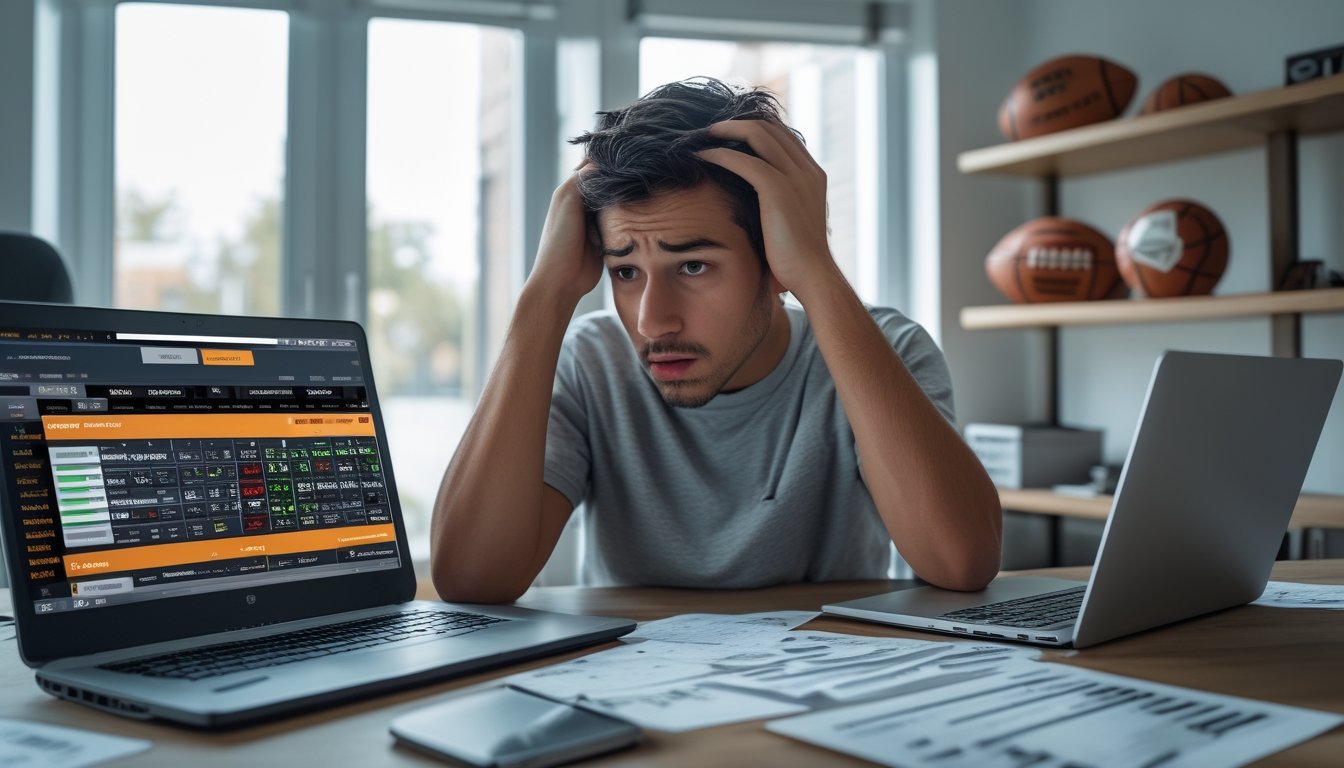 Seorang pria muda duduk di meja dengan laptop terbuka menampilkan taruhan olahraga, terlihat bingung dan stres sambil memegang kepala, di sekitarnya terdapat catatan dan ponsel dengan aplikasi taruhan.