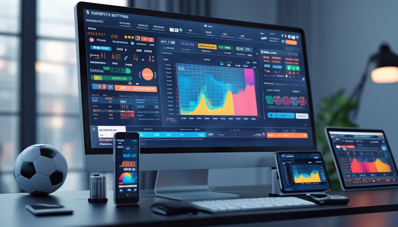 Sebuah ruang kerja modern dengan monitor komputer menampilkan grafik taruhan olahraga, serta perangkat digital seperti ponsel dan tablet yang menunjukkan peluang taruhan.