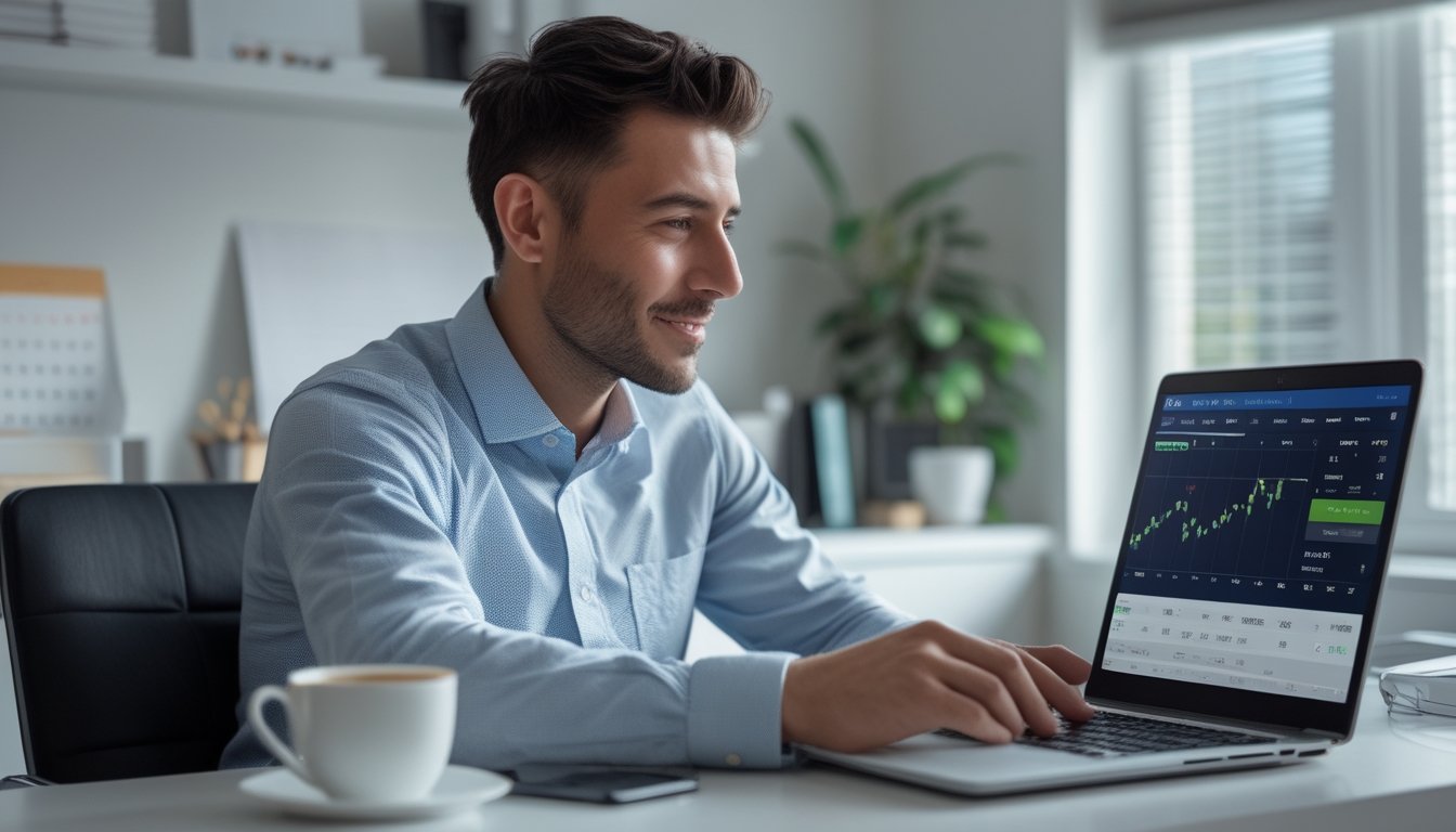 Seorang pria muda duduk di meja kerja dengan laptop yang menampilkan situs taruhan olahraga online, terlihat fokus dan percaya diri di ruang kerja yang rapi.