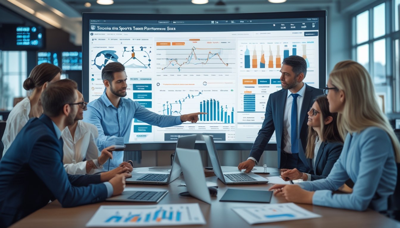 Sekelompok profesional sedang menganalisis data performa tim olahraga di ruang kantor modern dengan layar digital besar dan perangkat elektronik.