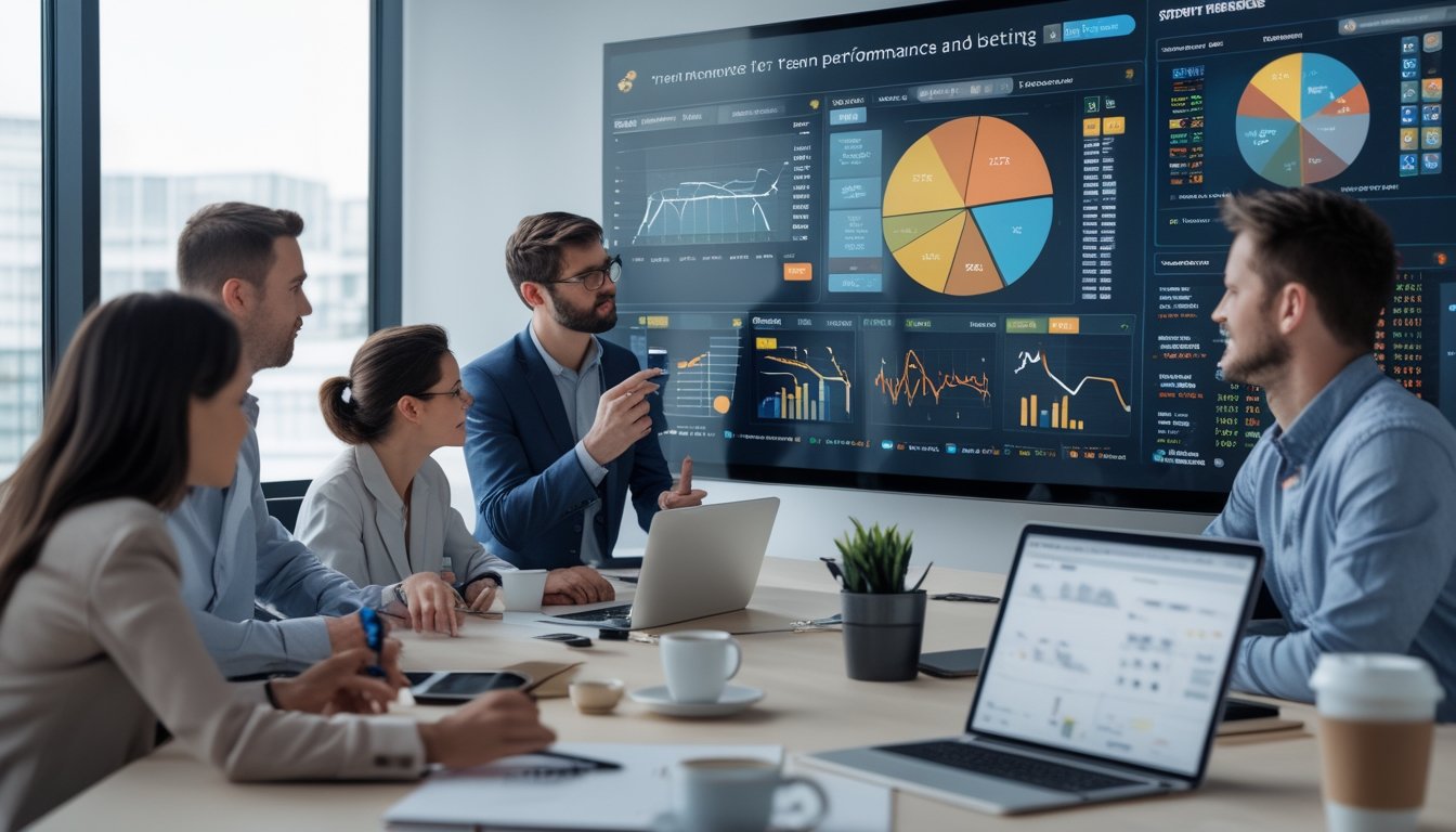 Sekelompok profesional sedang menganalisis data performa tim olahraga di ruang kantor dengan layar digital besar yang menampilkan grafik dan statistik.