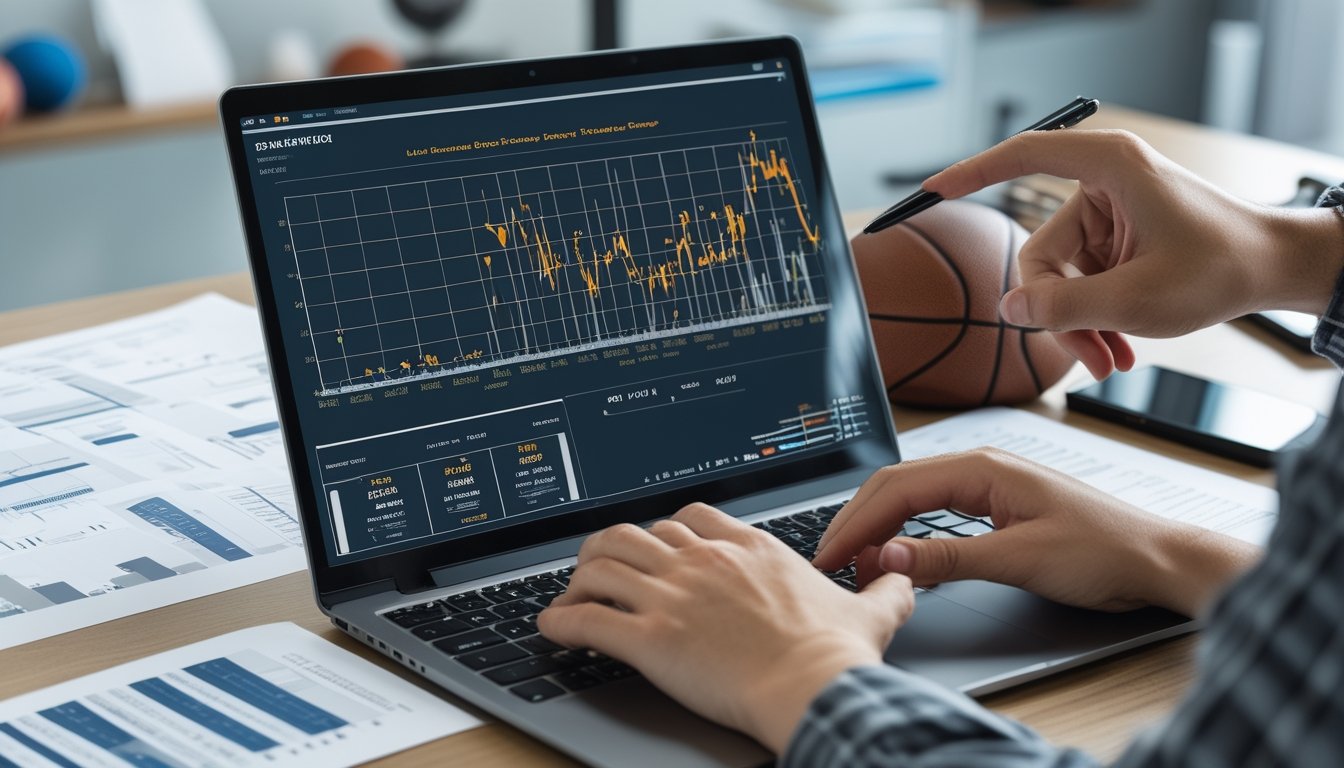 Meja kerja dengan laptop yang menampilkan grafik probabilitas dan statistik taruhan olahraga, tangan seseorang menunjuk layar, dikelilingi oleh catatan dan ponsel dengan skor olahraga langsung.