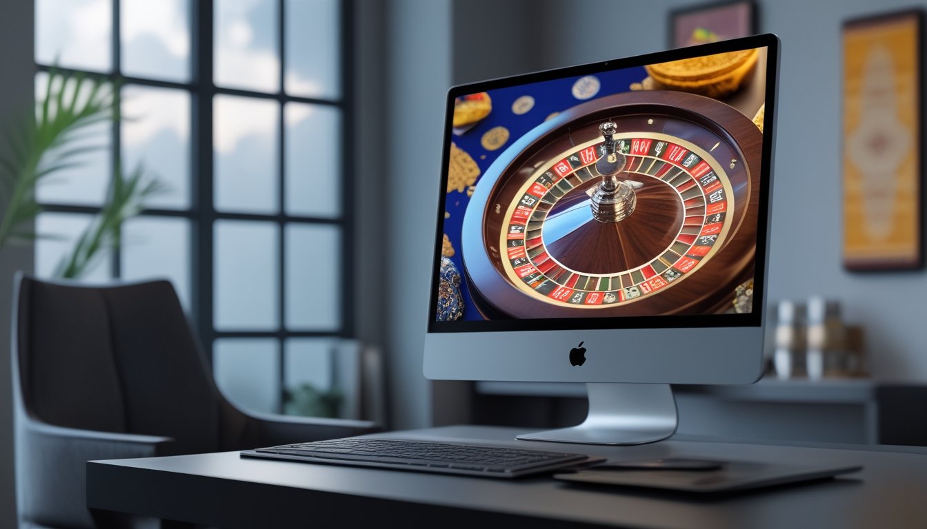 Sebuah komputer menampilkan roda roulette online yang berputar di meja kerja modern dengan elemen budaya Indonesia di latar belakang.
