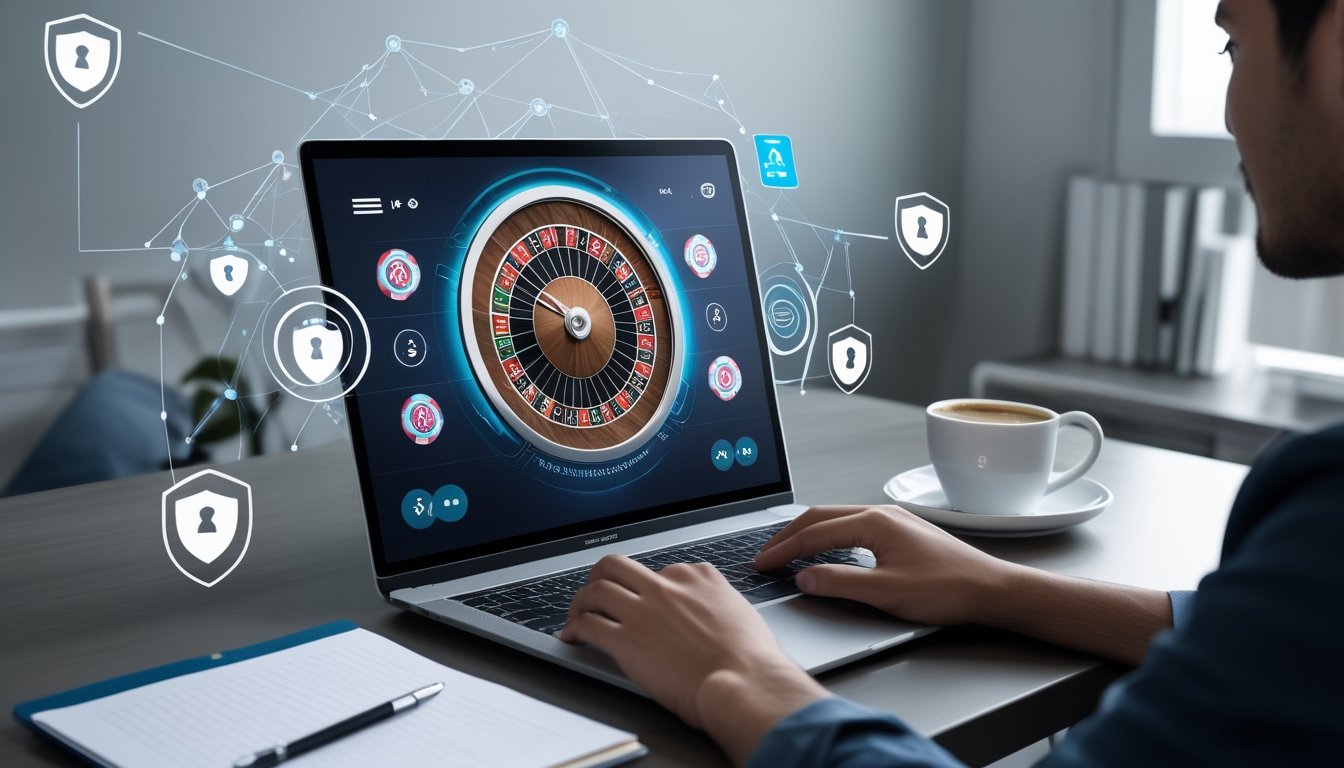 Seorang pengguna sedang melihat layar komputer dengan permainan roulette online yang aman dan terpercaya.