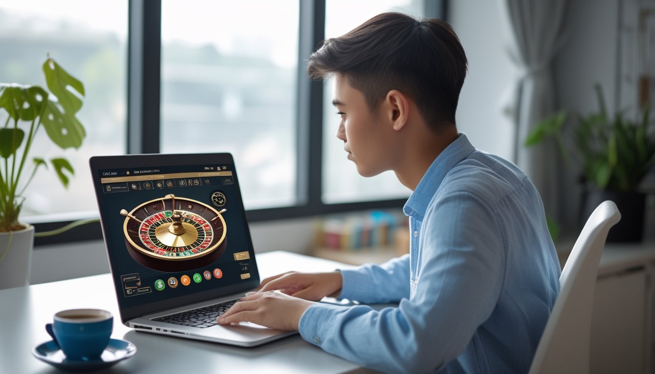 Seorang pemuda Indonesia duduk di meja dengan laptop terbuka menampilkan roda roulette online, tampak fokus dan nyaman di lingkungan rumah.