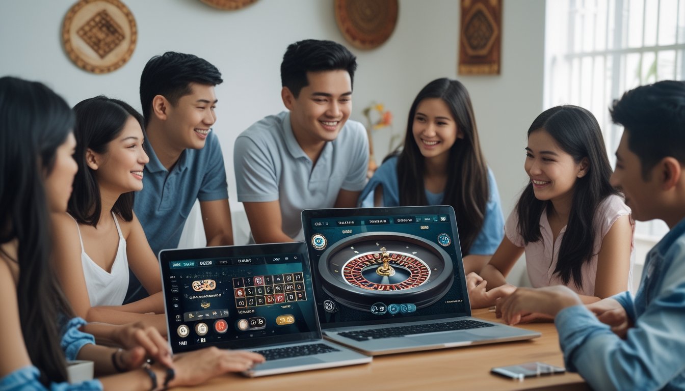 Sekelompok orang muda sedang bermain roulette online di laptop dan ponsel di ruangan yang terang dengan elemen budaya Indonesia kecil di latar belakang.