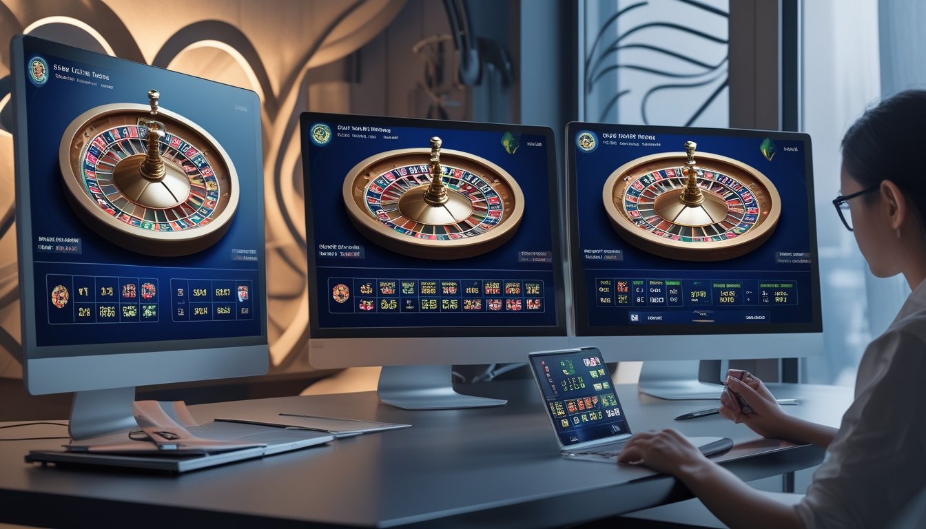 Seseorang sedang membandingkan beberapa layar permainan roulette online di sebuah ruang kerja modern dengan latar belakang motif Indonesia.