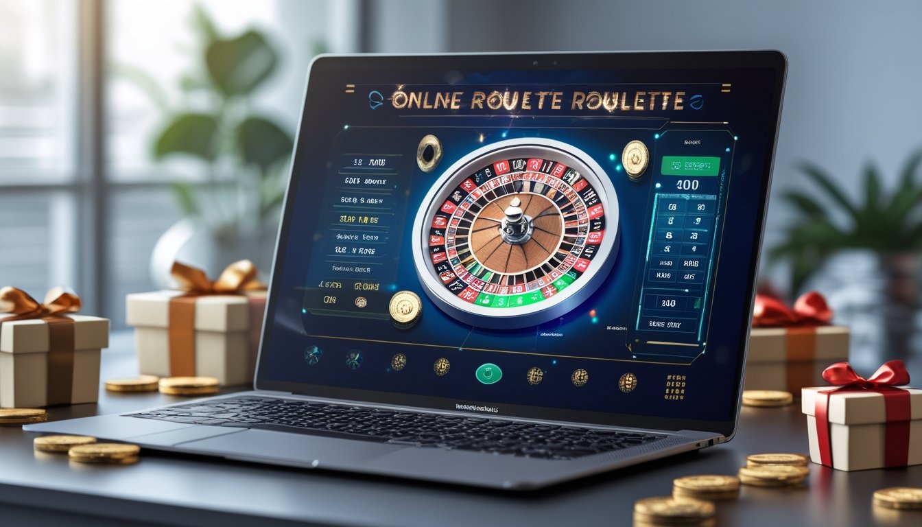 Sebuah meja dengan layar komputer menampilkan permainan roulette online dengan roda roulette dan chip taruhan berwarna-warni, dikelilingi oleh elemen yang melambangkan bonus dan hadiah dalam permainan.